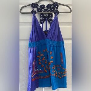 Hale Bob Vibrant Blue/purple combo silk cami with beautiful emb/crochet detail